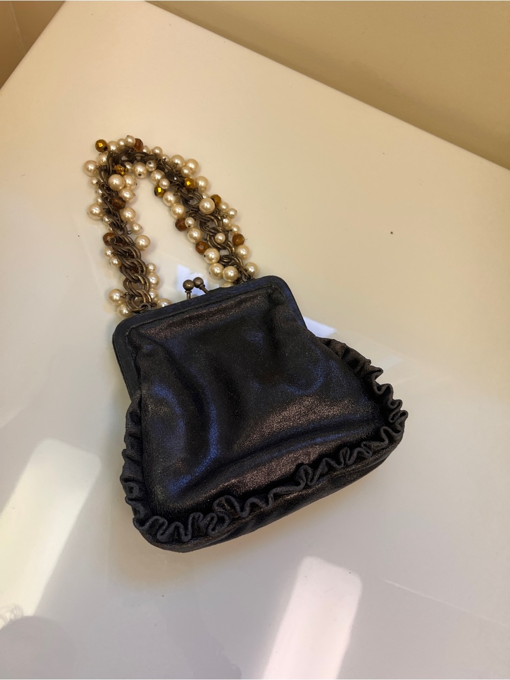Stylish Black Mini Evening Bag with Pearl-Embellished Chain